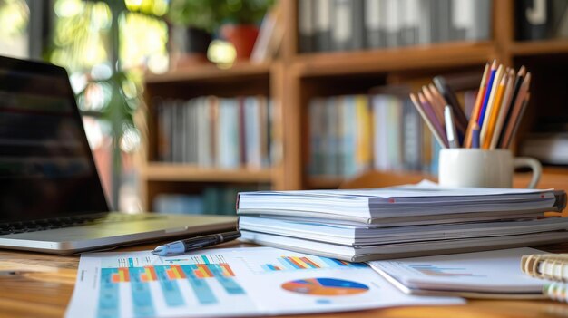 Un espace de travail moderne avec un ordinateur portable empilé de papiers et de graphiques capturant un environnement productif et organisé