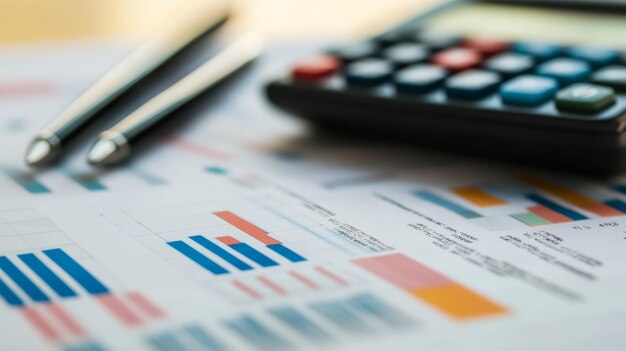 Documents d'affaires avec graphiques et graphiques financiers sous une calculatrice