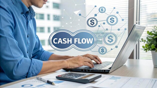 Businessman working on cash flow using laptop calculator with dollar icons and network connection