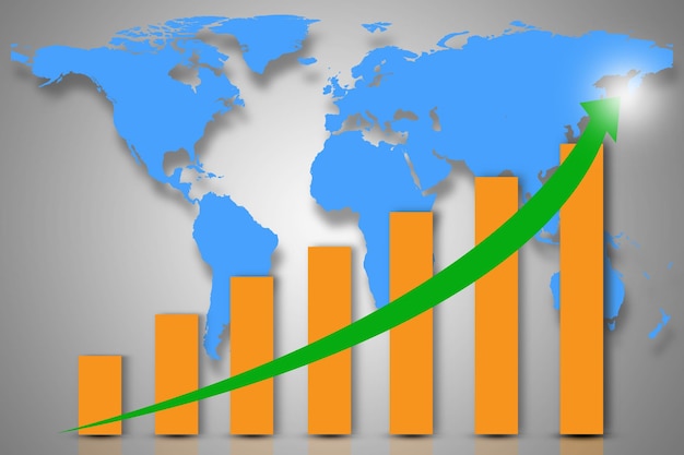 Double exposition avec carte du monde rouge avec graphique à barres vers le bas du concept commercial et financier