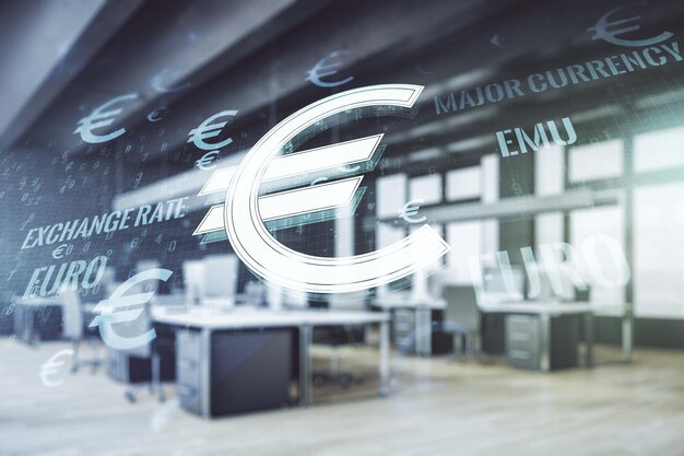 Illustration virtuelle des symboles EURO sur un fond de classe meublé moderne concept de forex et de monnaie Multiexposition