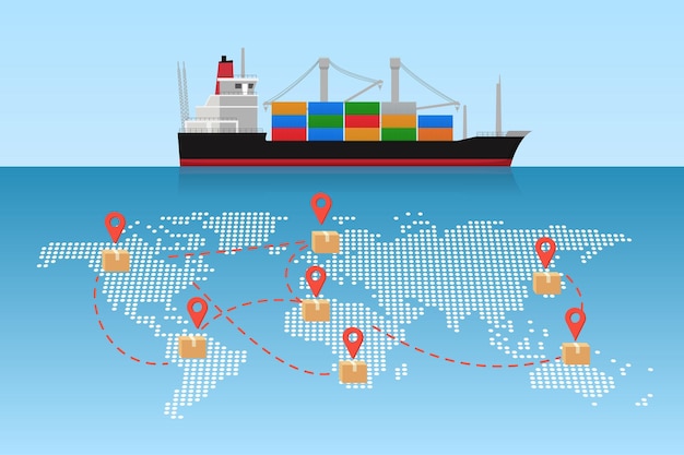 Global shipping routes transportation on world map with ship international trade
