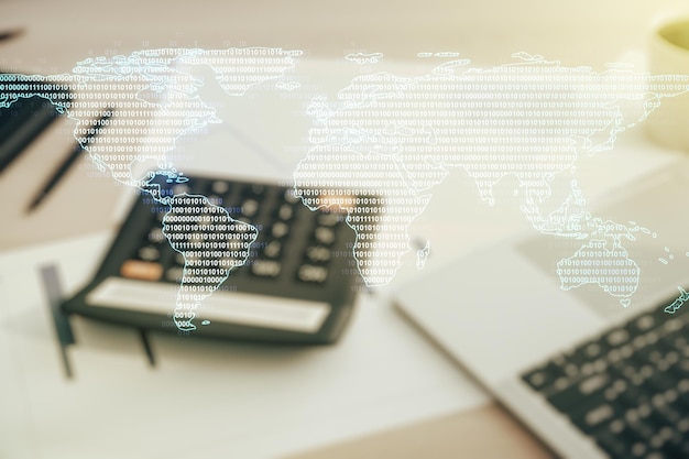 Multi-exposition d'une carte du monde graphique abstraite sur une calculatrice floue et un contexte informatique de grandes données et de concept de réseautage