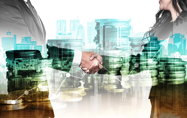 Poignée de main d'affaires sur la prospérité financière et l'argent arrière-plan des actifs de la technologie de l'économie et de la croissance financière en investissant dans un marché boursier précieux pour gagner de la richesse sous forme de trading de devises