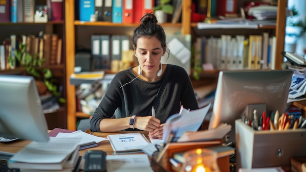 Femme concentrée travaillant à un bureau à domicile